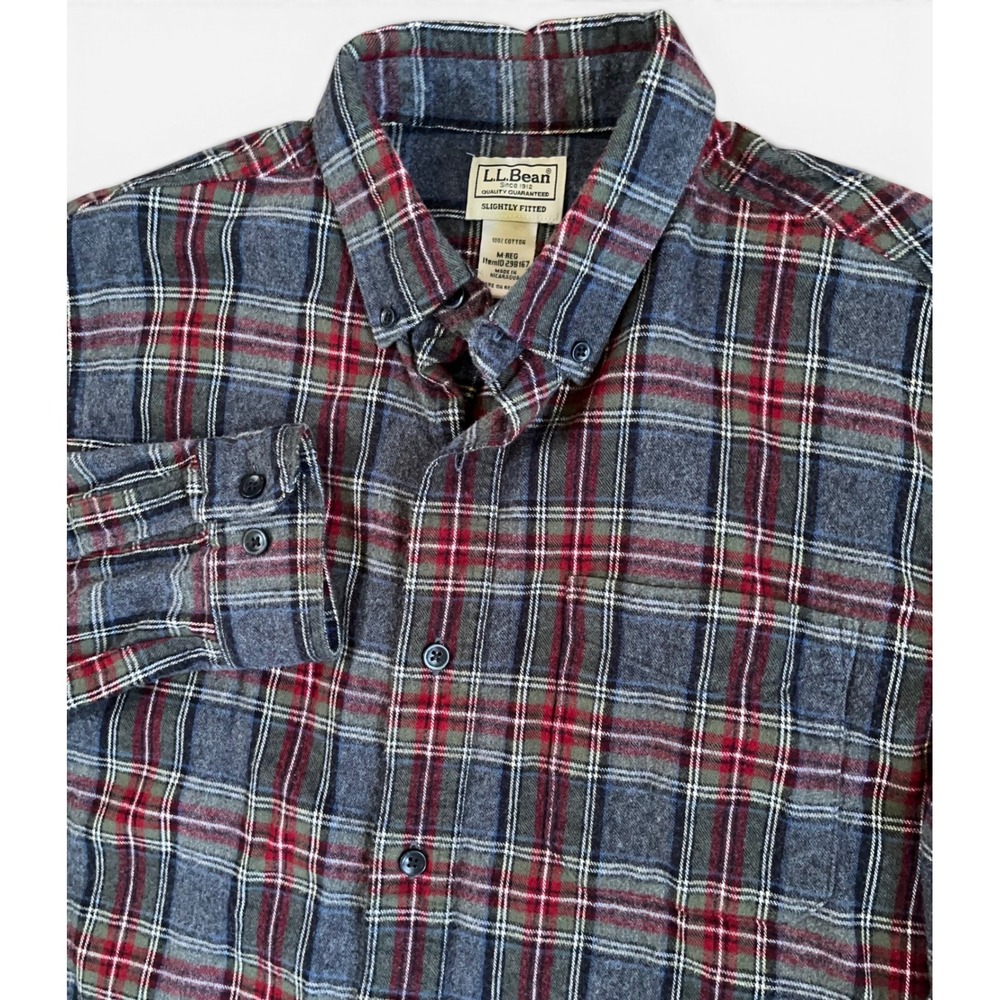 LL Bean Mens Flannel Shirt Grey Red Plaid Slightly Fitted Cotton 298167 M REG